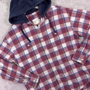 American Eagle Mens Hooded Flannel Shirt Large Red Blue Plaid Button Up Hoody